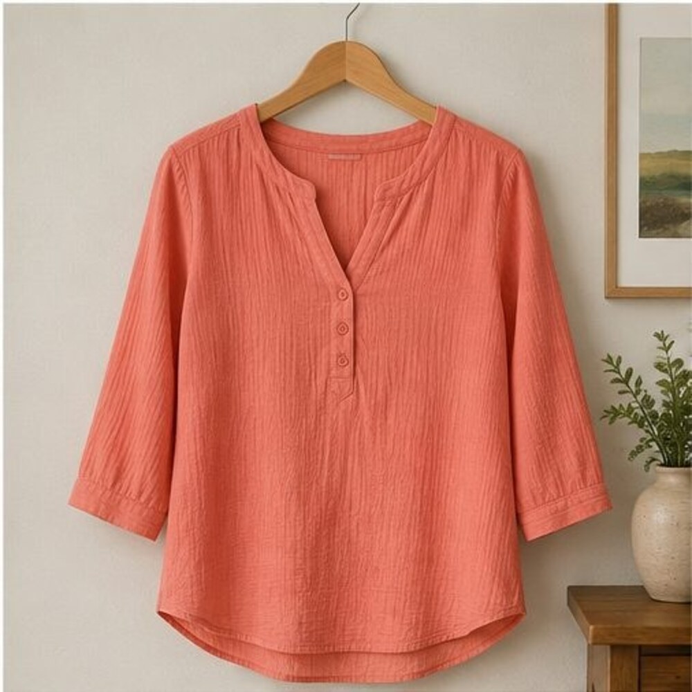 Coral Henley Notch Neck Blouse
